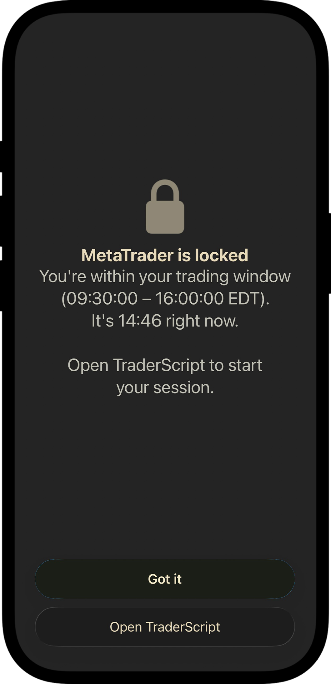 Apple Screen Time lock screen showing MetaTrader is locked because the daily loss limit was hit